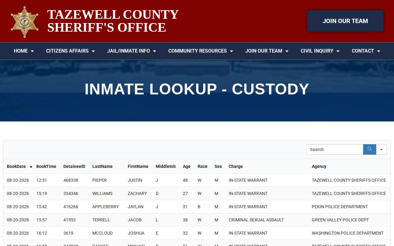 Tazewell County custody roster search table and booking fields