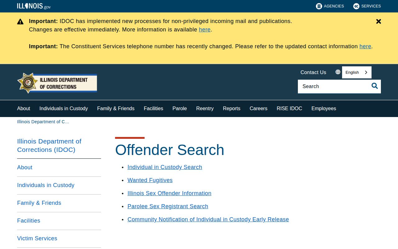 Illinois Department of Corrections offender search for state custody records
