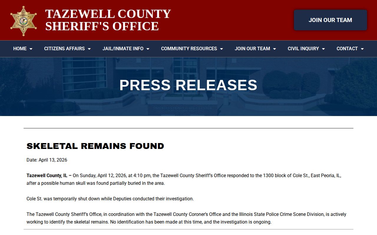 Tazewell County Sheriff official press releases and incident news