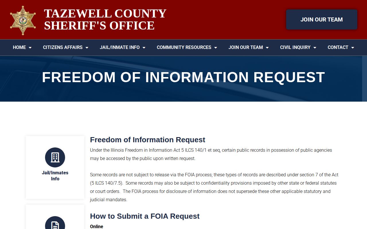Tazewell County Sheriff FOIA request page for jail records