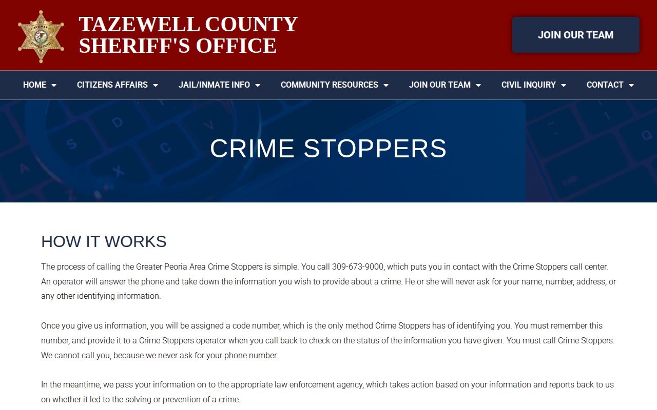 Tazewell County Crime Stoppers anonymous tip and reward information